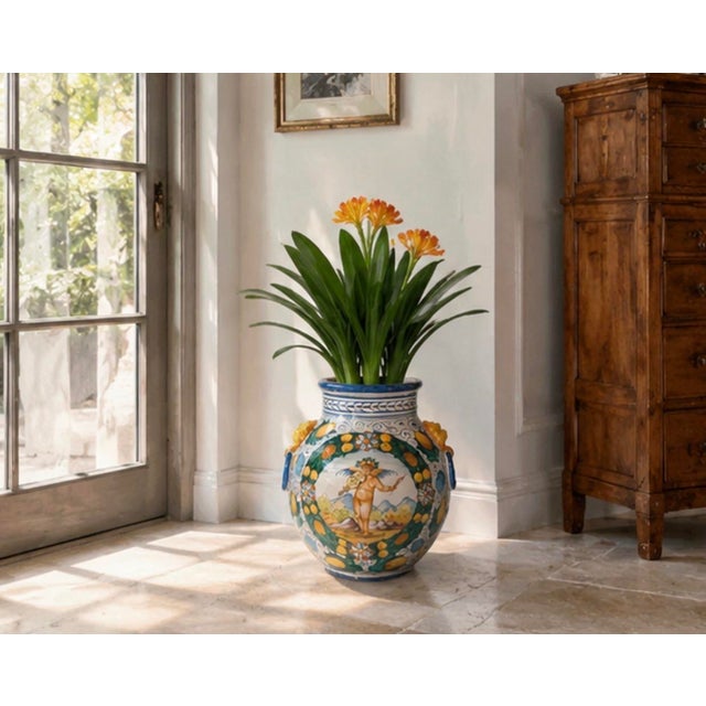 Vintage Italian Majolica Style Lion-Head Lemon Motif Ceramic Urn Vase For Sale - Image 12 of 12