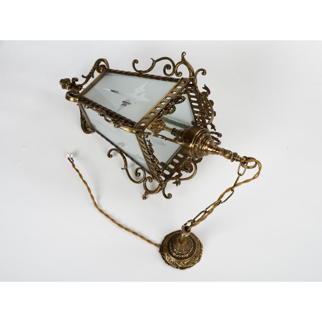 1950s Brass & Etched Glass Cross Lantern For Sale - Image 6 of 11