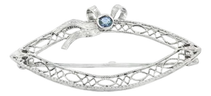 Early 20th Century Depression Filigree Sapphire Navette Shaped 14k White Gold Pin