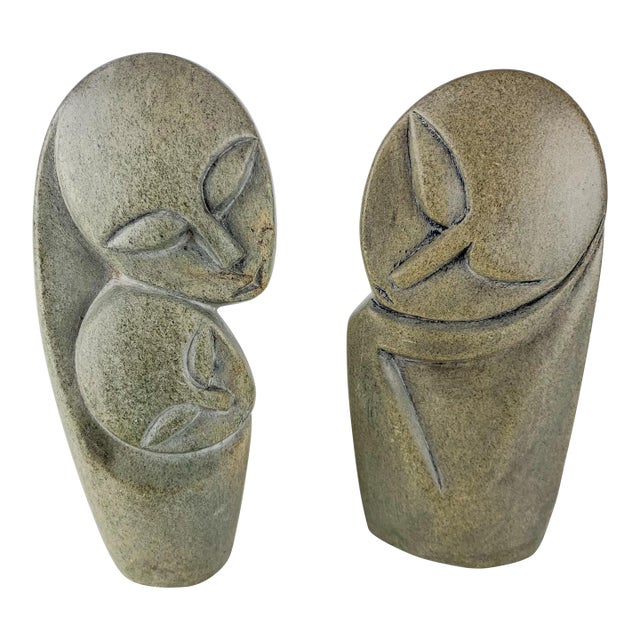 Vintage Pair African Art Shona Stone Sculptures Faces Mother Child Head in Hand For Sale