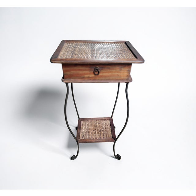 Vintage Mediterranean Revival Woven Rattan and Wood Side Table with Iron Base and Drawer, 1950s For Sale - Image 11 of 11