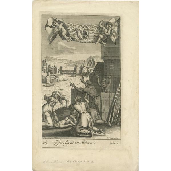Original antique engraving - subject matter: hebrew midwives refusing to kill male babies as ordered by the pharaoh of...