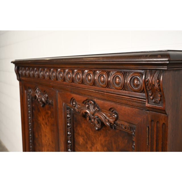 Berkey & Gay Style Antique Chippendale Carved Walnut and Burl Wood Bookcase or Bar Cabinet, Circa 1920s For Sale - Image 10 of 18