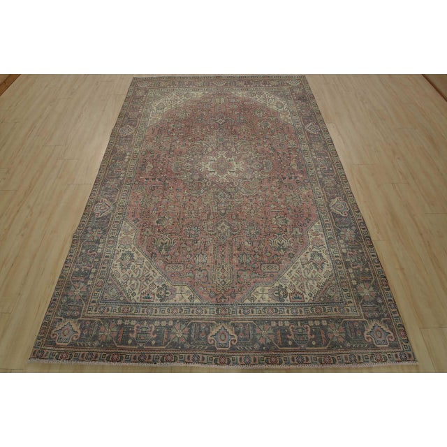 Farmhouse Tabriz Rug 6’4” X 9′ Pink Wool Vintage Distressed Hand-Knotted Oriental Carpet For Sale - Image 3 of 14