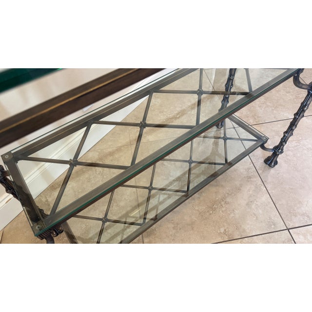 Hollywood Regency Bronzed Metal Faux Bamboo Console Table With Palm Tree Finials For Sale - Image 12 of 12