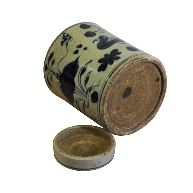 Chinese Beige Crackle Ceramic Flower Birds Graphic Container Urn Jar For Sale - Image 4 of 7