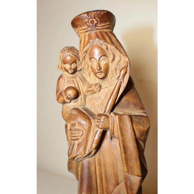 Folk Art Antique 1800's Religious Hand Carved Wood Mary Madonna Jesus Sculpture Statue For Sale - Image 3 of 12