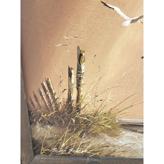 1970s Vintage Philip Sandee. Sandee Framed Beach Coastal Oil Painting – Seagulls & Dunes 26" X 22" For Sale - Image 5 of 12