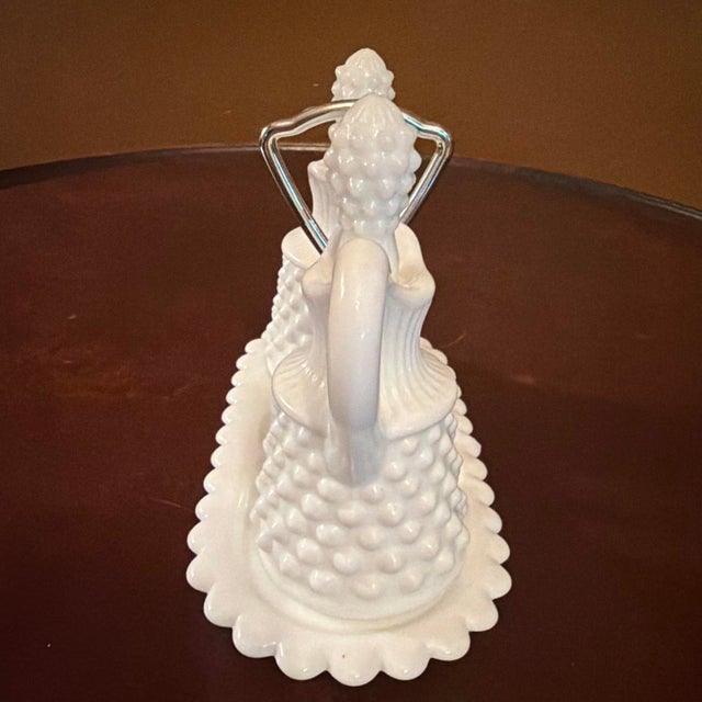 Fenton Art Glass Company Vintage Fenton Hobnail Milk Glass Oil Vinegar Cruet Set Center Metal Handle Tray For Sale - Image 4 of 8