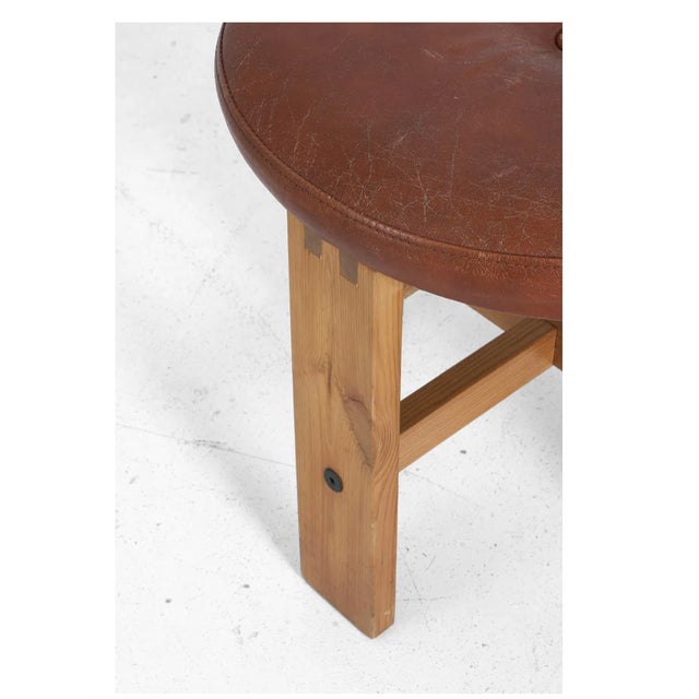 Wood Vintage Midcentury Modern Leather & Pine Stool Ottoman, in the Manner of Kai Kristianssen, Sweden, 1970s For Sale - Image 7 of 12