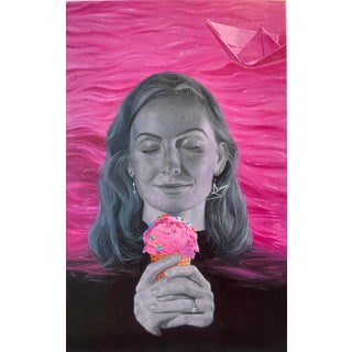 Cool and Calm by Pegah Samaie | Oil paint on Aluminum panel Woman holding ice cream with pink background For Sale