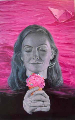 Cool and Calm by Pegah Samaie | Oil paint on Aluminum panel Woman holding ice cream with pink background