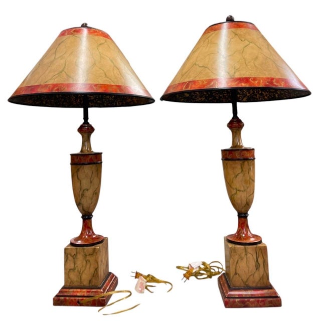 Elevate your interior lighting with this striking pair of vintage neoclassical wooden table lamps. Expertly crafted in a...