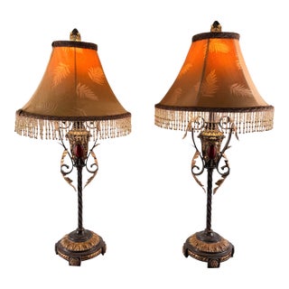 1990s Pair of Hollywood Regency Beaded Table Lamps With Custom Fringe Shades – Gilt & Bronze Finish For Sale