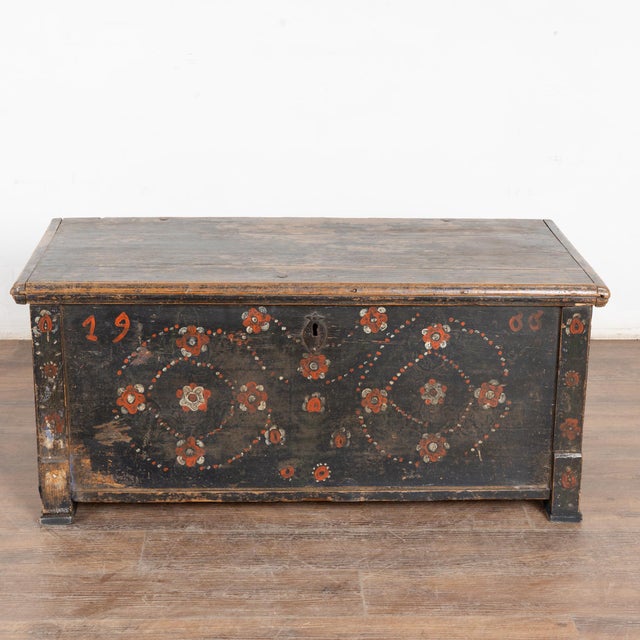 Dark Blue Painted Flat Top Trunk Dated 1900, Hungary For Sale - Image 4 of 11