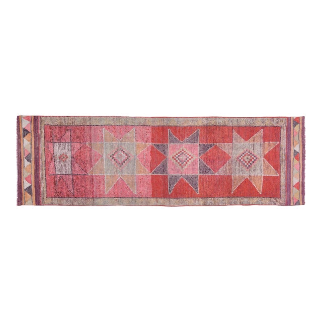 1970s Star Motif Vintage Turkish Oushak Wool Handmade Pink Runner For Sale