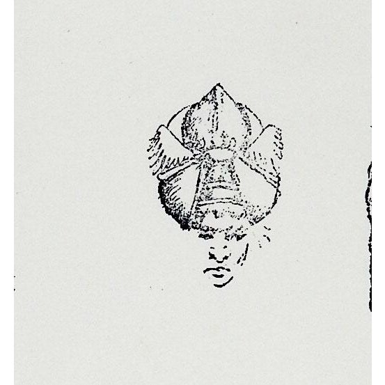 3 vintage relief printing blocks of etched metal mounted on wood blocks. Face of man in fancy turban, face with winged...