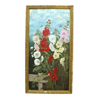 Unsigned Oil on Canvas Floral Painting of Garden Hollyhocks With Bees C1900 For Sale