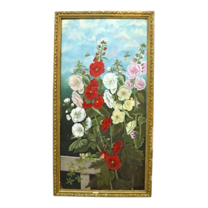 Unsigned Oil on Canvas Floral Painting of Garden Hollyhocks With Bees C1900