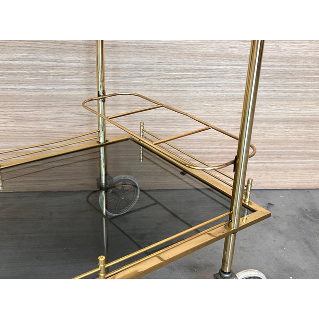 Mid 20th Century Art Deco Brass Dry Bar Cart with Smoked Two Tier Glass For Sale - Image 14 of 18