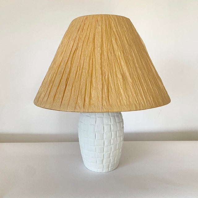 Vintage Painted White Basket Weave Pattern Terracotta Lamp With Handmade Raffia Shade For Sale - Image 9 of 9