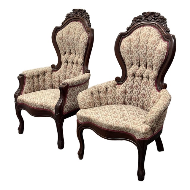 American Furniture Galleries Victorian Rococo Revival Gentleman’s + Lady’s Parlor Chairs, 1970s For Sale
