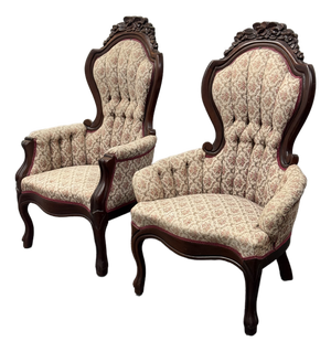 American Furniture Galleries Victorian Rococo Revival Gentleman’s + Lady’s Parlor Chairs, 1970s