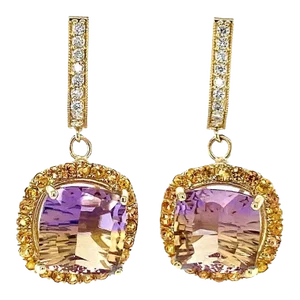9.40 Carat Ametrine Sapphire Diamond Yellow Gold Drop Earrings - 2 Pieces