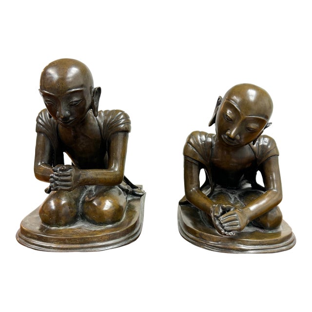 Mid 20th Century Bronze Burmese Monk Statues, Pair For Sale