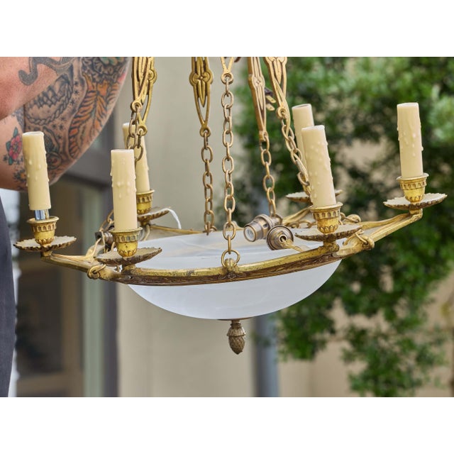 19th Century Neoclassical Nine-Light Alabaster & Gilt Bronze Chandelier For Sale In Atlanta - Image 6 of 13