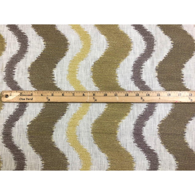 53" wide designer abstract embroidered linen drapery fabric in mustard gold, taupe, mauve, and ivory. Price is per yard.