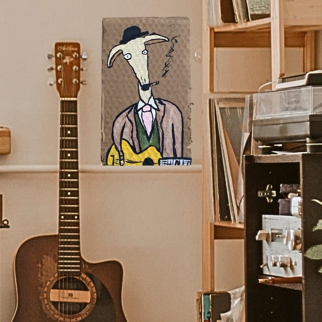 Folk Art Dog Original Painting Wearing a Suit, Playing Guitar, Smoking For Sale In Savannah - Image 6 of 6