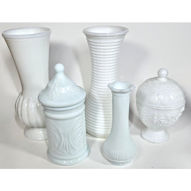 Mid-Century Milk Glass Collection- Set of Five For Sale - Image 9 of 12