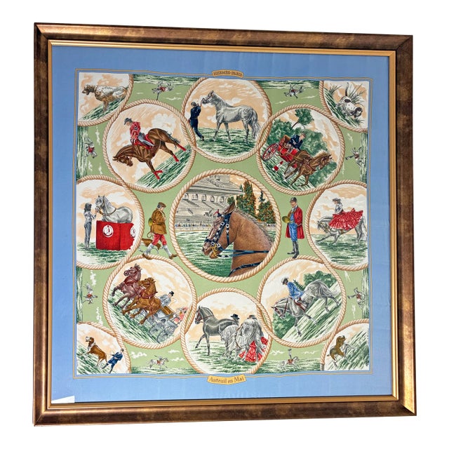 Framed Hermès Paris Silk Scarf "Auteuil en Mai," Equestrian Wall Art, 37" X 37" For Sale