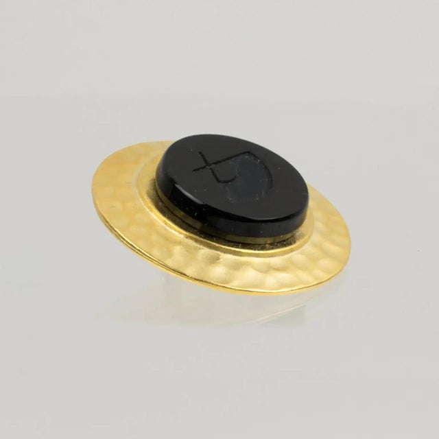 Metal Karl Lagerfeld Paris Gilt Metal Clip Earrings with Black Intaglio For Sale - Image 7 of 8