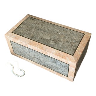 Vintage Mid-Century Modern Postmodern Tessellated Marble Mactan Stone and Brass Jewelry Trinket Lidded Box With Velvet Interior by Maitland-Smith For Sale