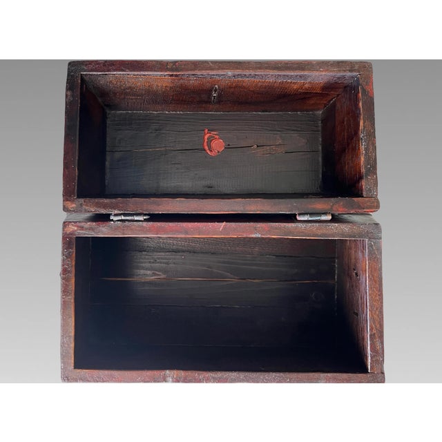 Large Certified Antique Red Lacquer Chinese Trapezoid Dragon & Cloud Box / Iron Bound Wood Chest With Original Iron Fittings For Sale - Image 9 of 10