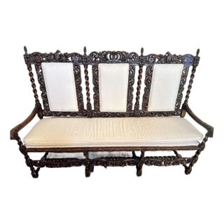 Antique Walnut English Charles II Carolean Style Carved Bench For Sale