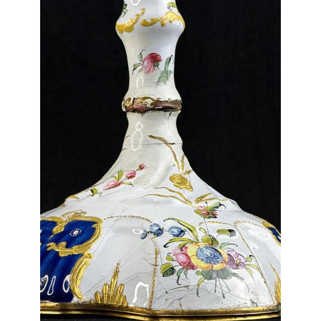 Metal Enamel Candlestick attributed to South Staffordshire / Bilston, 1765-1775 For Sale - Image 7 of 13