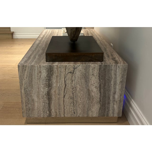 Vintage 1990 Italian Floating Monolith Plinth Coffee Table. Substantial rectangular Travertine block with horizontal...