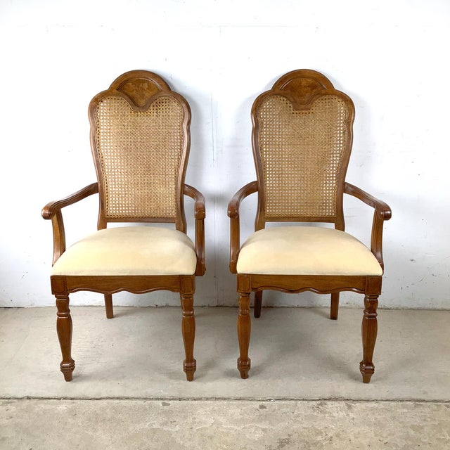 Few furniture styles of the vintage era have aged as gracefully as Italian Provincial, and this pair of high-back dining...