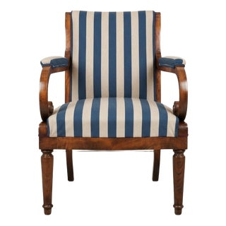 Antique Hungarian Lounge Chair in Blue and Cream Striped Fabric with Turned Wooden Legs, 1900s For Sale