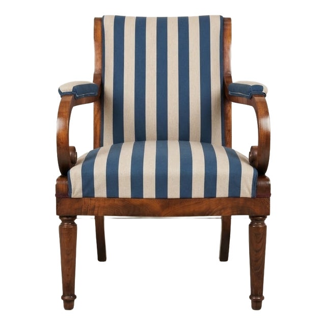 Antique Hungarian Lounge Chair in Blue and Cream Striped Fabric with Turned Wooden Legs, 1900s For Sale