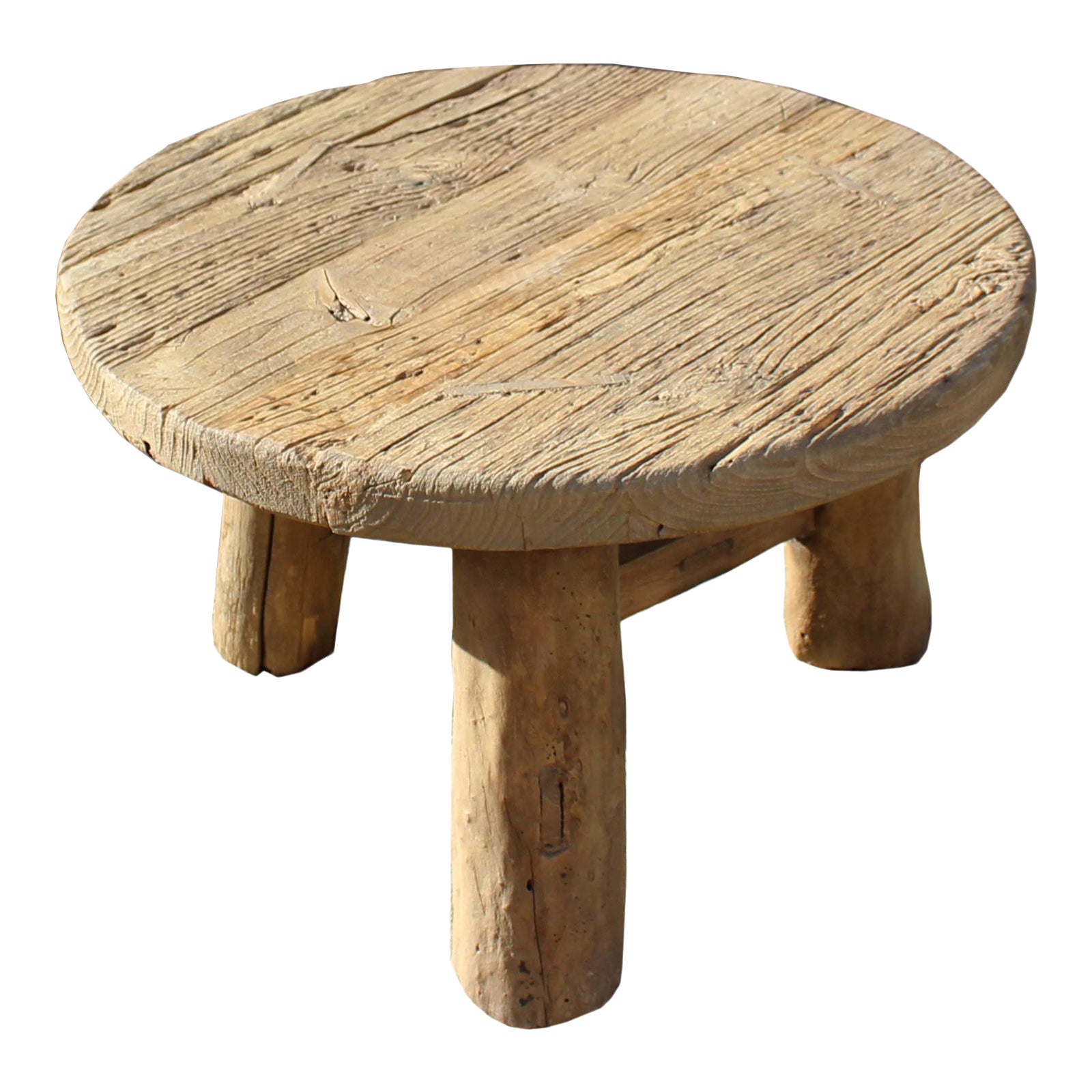 Rustic Raw Wood Round Top Tri Leg Display Stand Coffee Side Table