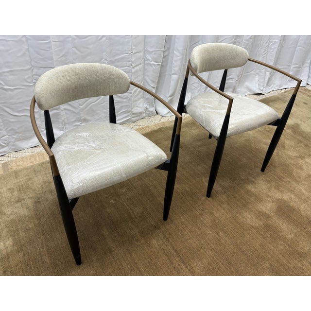 Set of Two Arhaus Jagger Dining Arm Chairs Cary Linen Performance Fabric — Black Solid Mahogany Frame with Metal Accents...