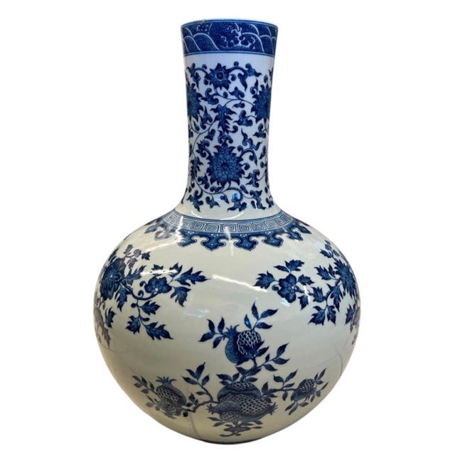 Vintage Chinese Blue and White Porcelain Tianqiuping Globular Vase – Pomegranate & Floral Motif For Sale - Image 4 of 12