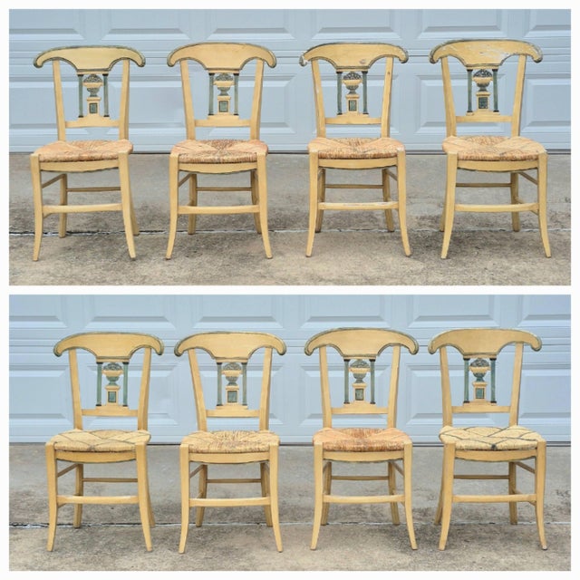 Late 19th Century Late 19th Century French Provençal Directoire Painted Carved Back Rush Seat Dining Chairs, Set of 8 For Sale - Image 5 of 16