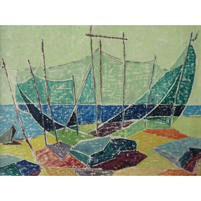 Green Mid-Century Modern 'Shoreline Colour' Vintage Original Abstract Coastal Landscape Oil Painting, Framed For Sale - Image 8 of 12