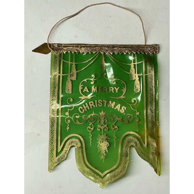 Rare Antique Victorian Merry Christmas Celluloid Green Banner Holiday Decor For Sale - Image 13 of 15