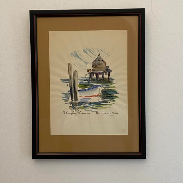 Blue Vintage 1968 Kennebunkport Maine Harbor Watercolor by Schepens-Kraus – Framed Coastal Artwork For Sale - Image 8 of 8